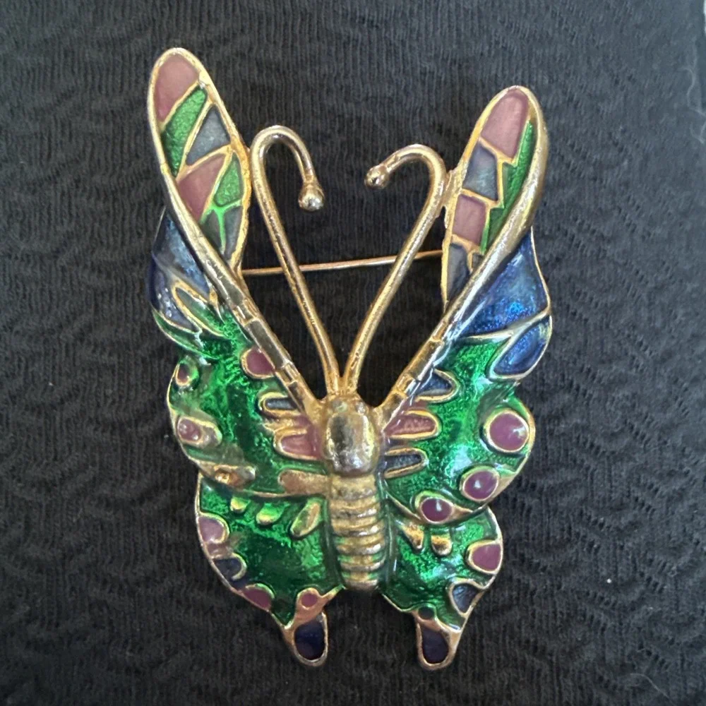 Green Enamel Butterfly Brooch Pin